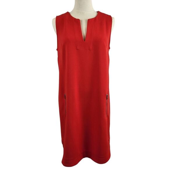 GAP Size 6 Vibrant Red Shift Dress Sleeveless Split Neck Red Zippered Pockets - Picture 5 of 11